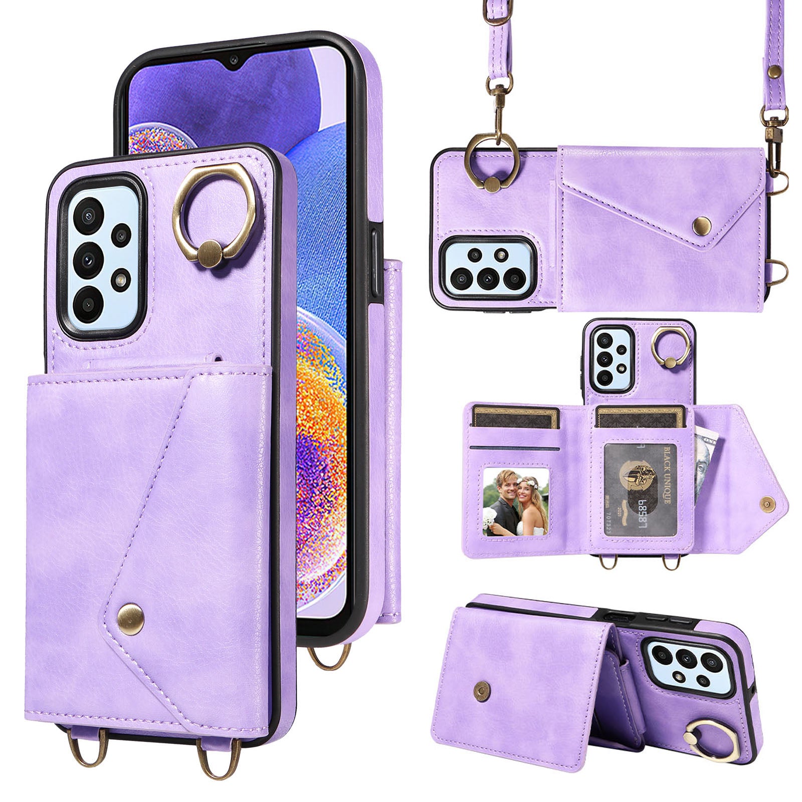 002 For Samsung Galaxy A23 4G A23 5G (Global Version) Back Cover Card Bag Ring Kickstand Litchi Texture Leather Coated TPU Phone Case with Shoulder Strap 002 For Samsung Galaxy A23 4G A23 5G (Global Version) Back Cover Card Bag Ring Kickstand Litchi Texture Leather Coated TPU Phone Case with Shoulder Strap